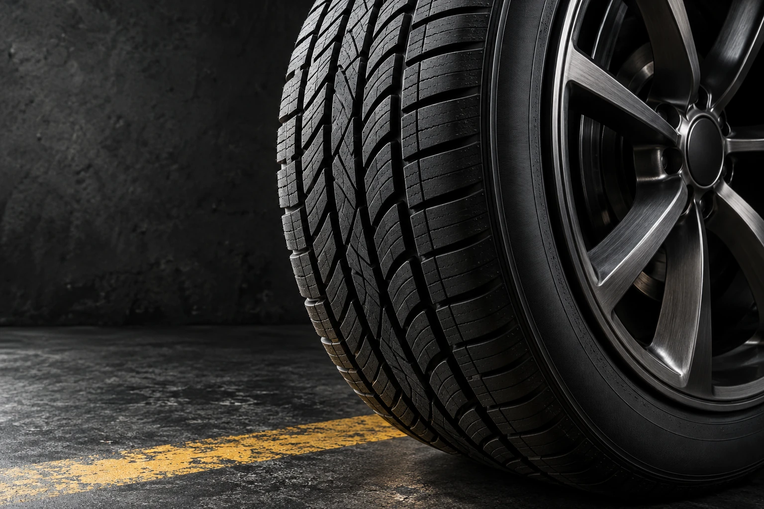 Original illustrative close-up of black tire tread and a dark wheel beside a yellow line.